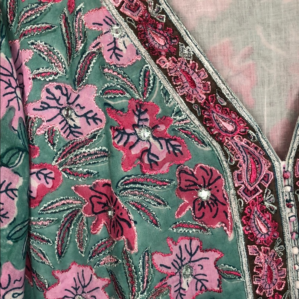 Bella tu XXL Pink and Green Tiered V-Neck Dress Resort Style with Bishop Sleeves - Picture 10 of 12